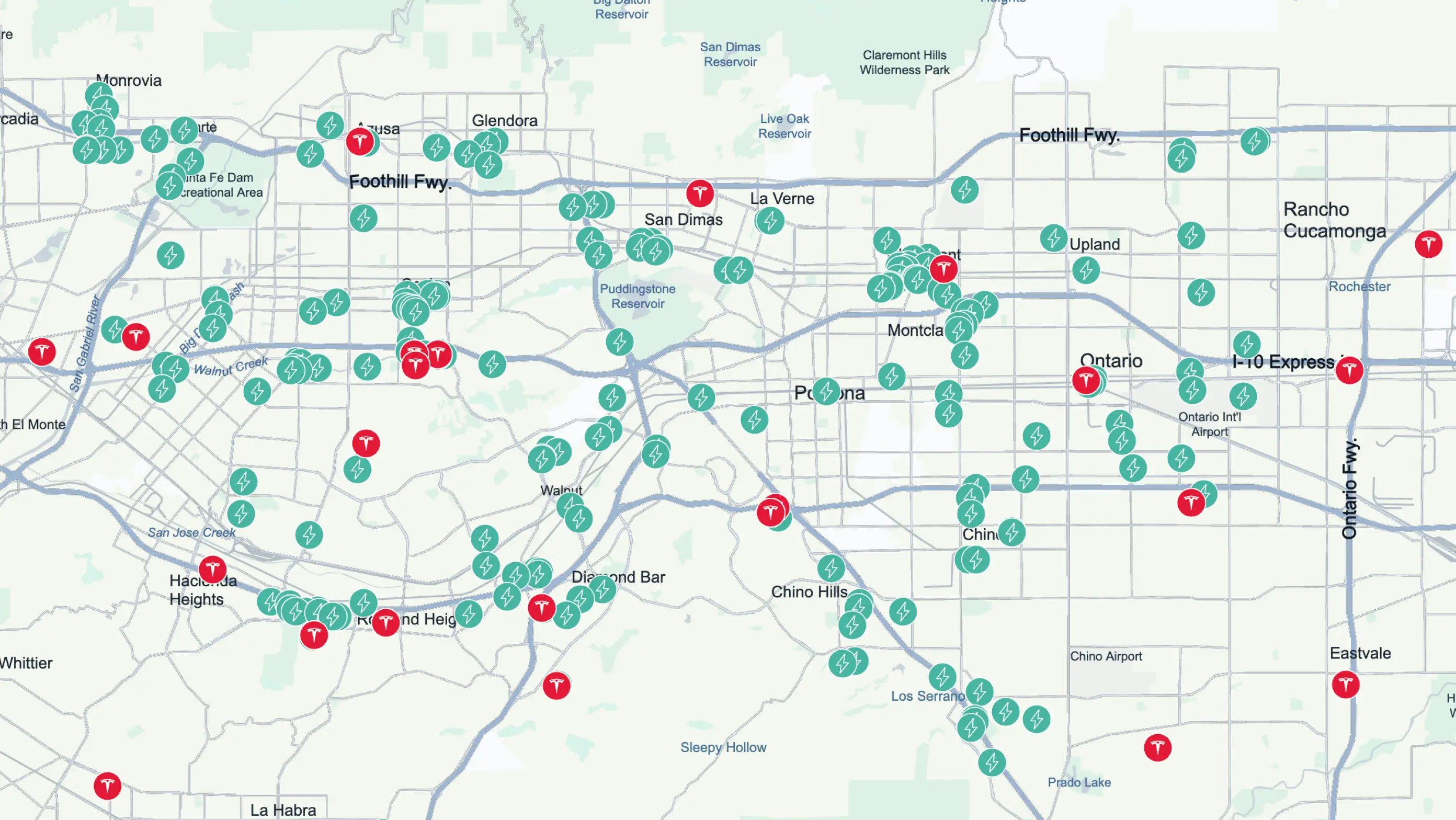 Map showing locations of chargers in Southern California with red and teal markers across cities including Glendora, La Verne, and Ontario.