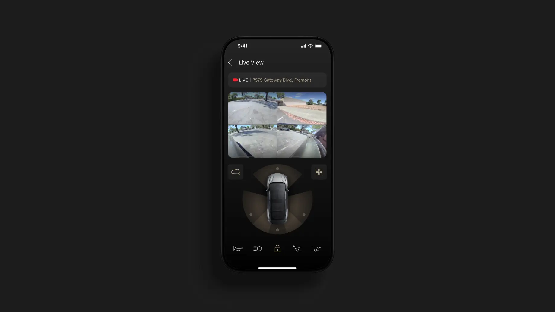Smartphone displaying vehicle security app with multiple camera views and a 360° view of a car parked at Gateway Blvd, Fremont.