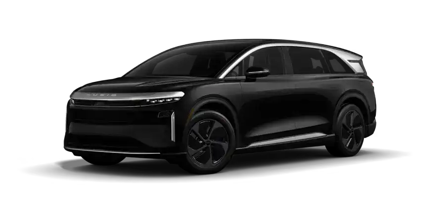 Black Lucid electric SUV with sleek design, silver roof trim, and dark alloy wheels on a white background.