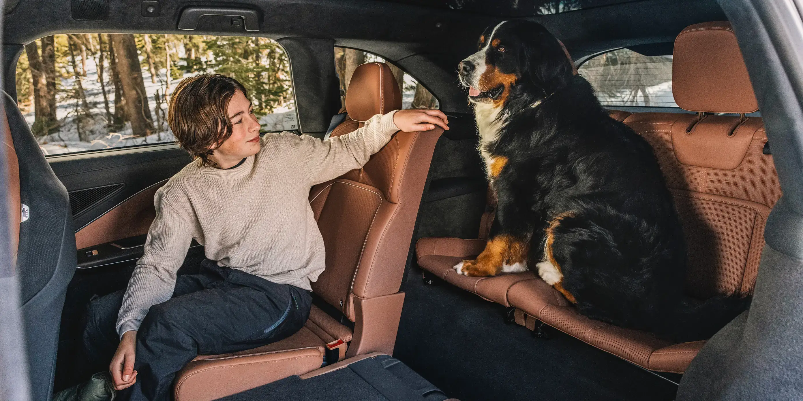 Person in cream sweater petting a Bernese Mountain Dog sitting on brown leather car seat in Lucid Gravity during winter drive.