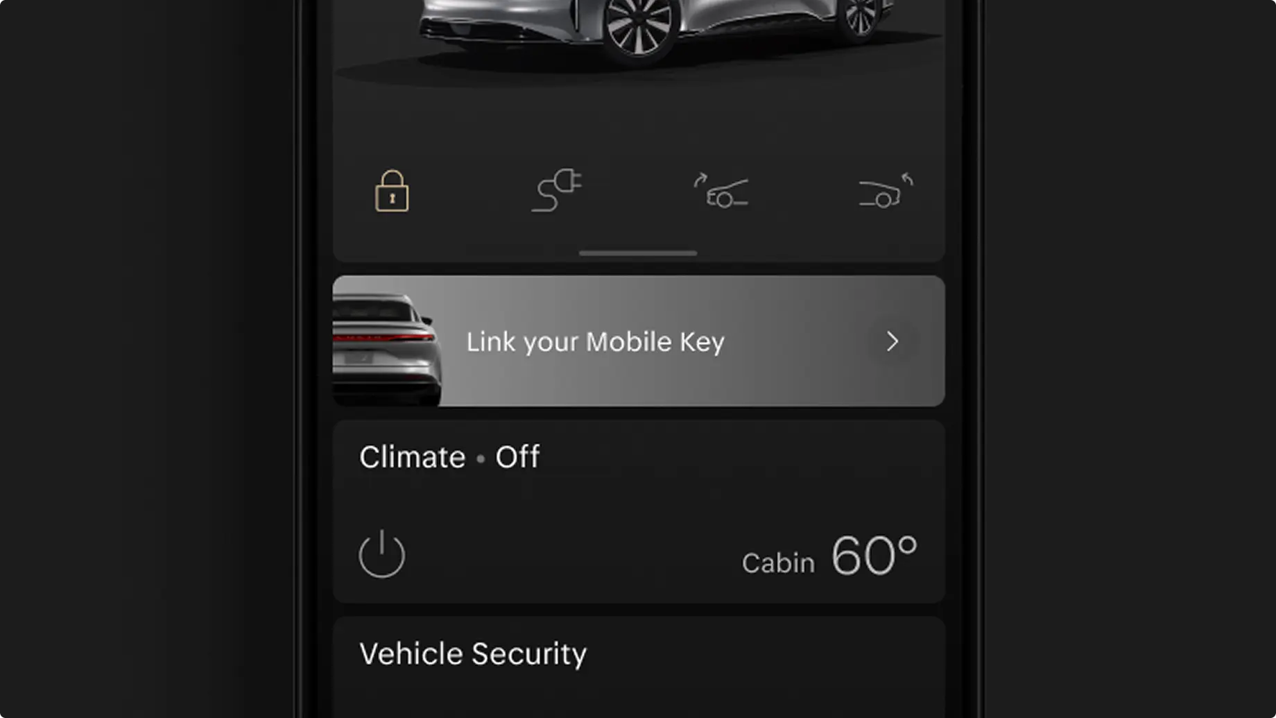 Dark-themed car app screen showing a silver electric sedan with controls for lock, charge, and a "Link your Mobile Key" prompt.
