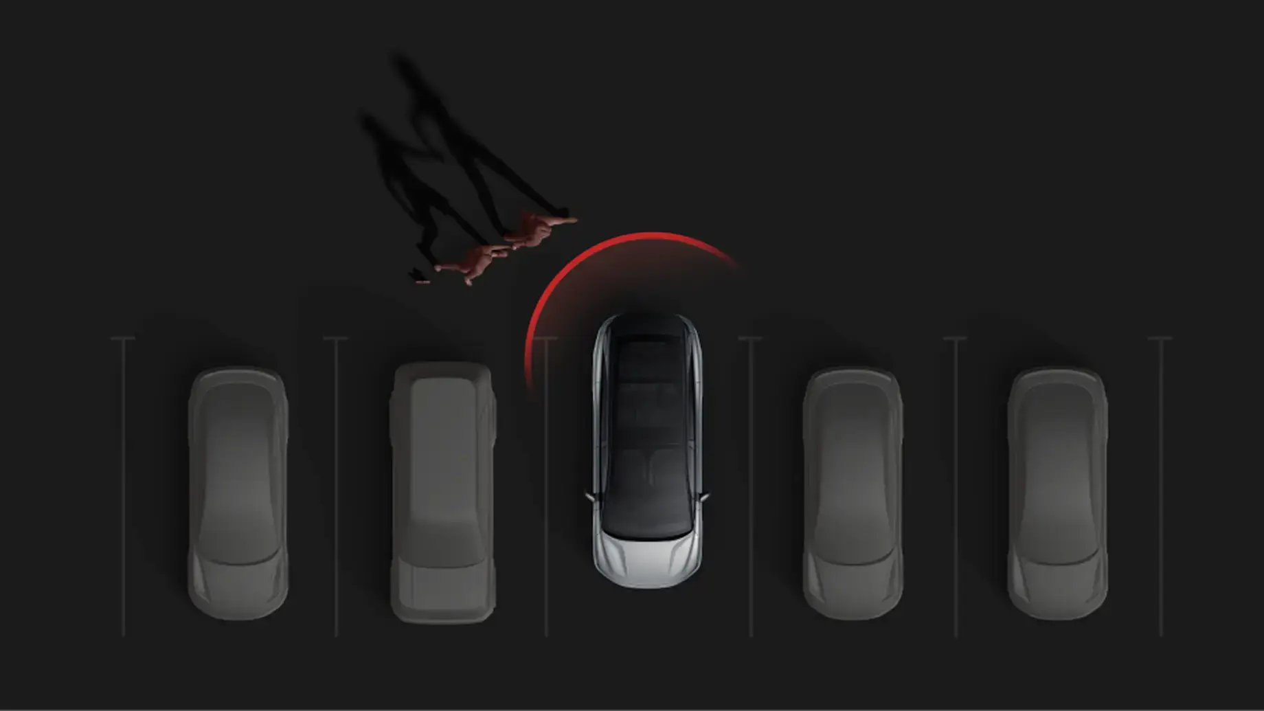 Overhead view of a silver car in a parking lot with a red sensor arc detecting pedestrians nearby.