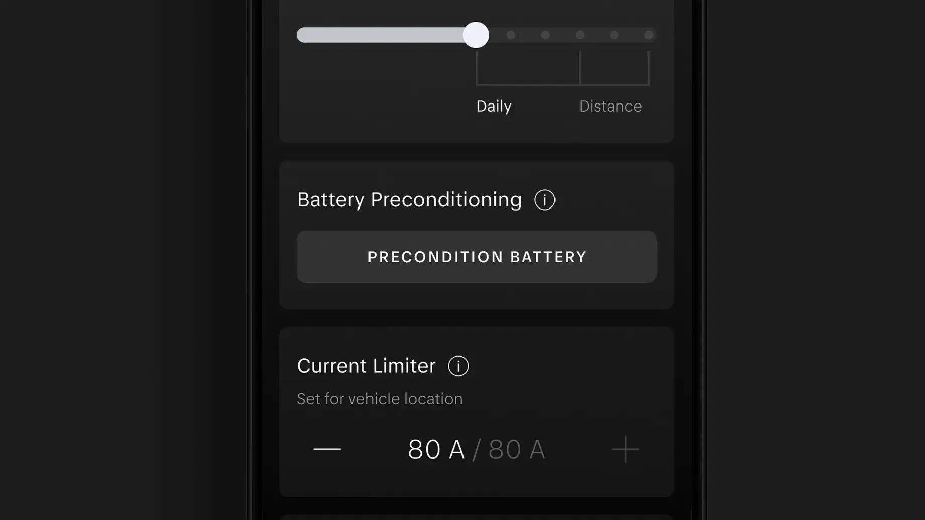 EV app screen showing Charge Limit at 50%, Battery Preconditioning button, and Current Limiter set to 80A on dark UI.