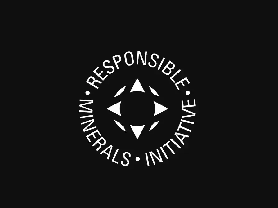 White circular logo for Responsible Minerals Initiative on a black background, featuring a compass-like star symbol at center.