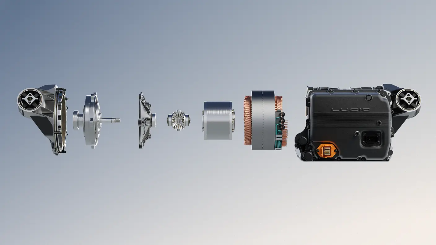 Exploded view of an electric motor showing components from Lucid, including housing, rotor, stator, and control unit.