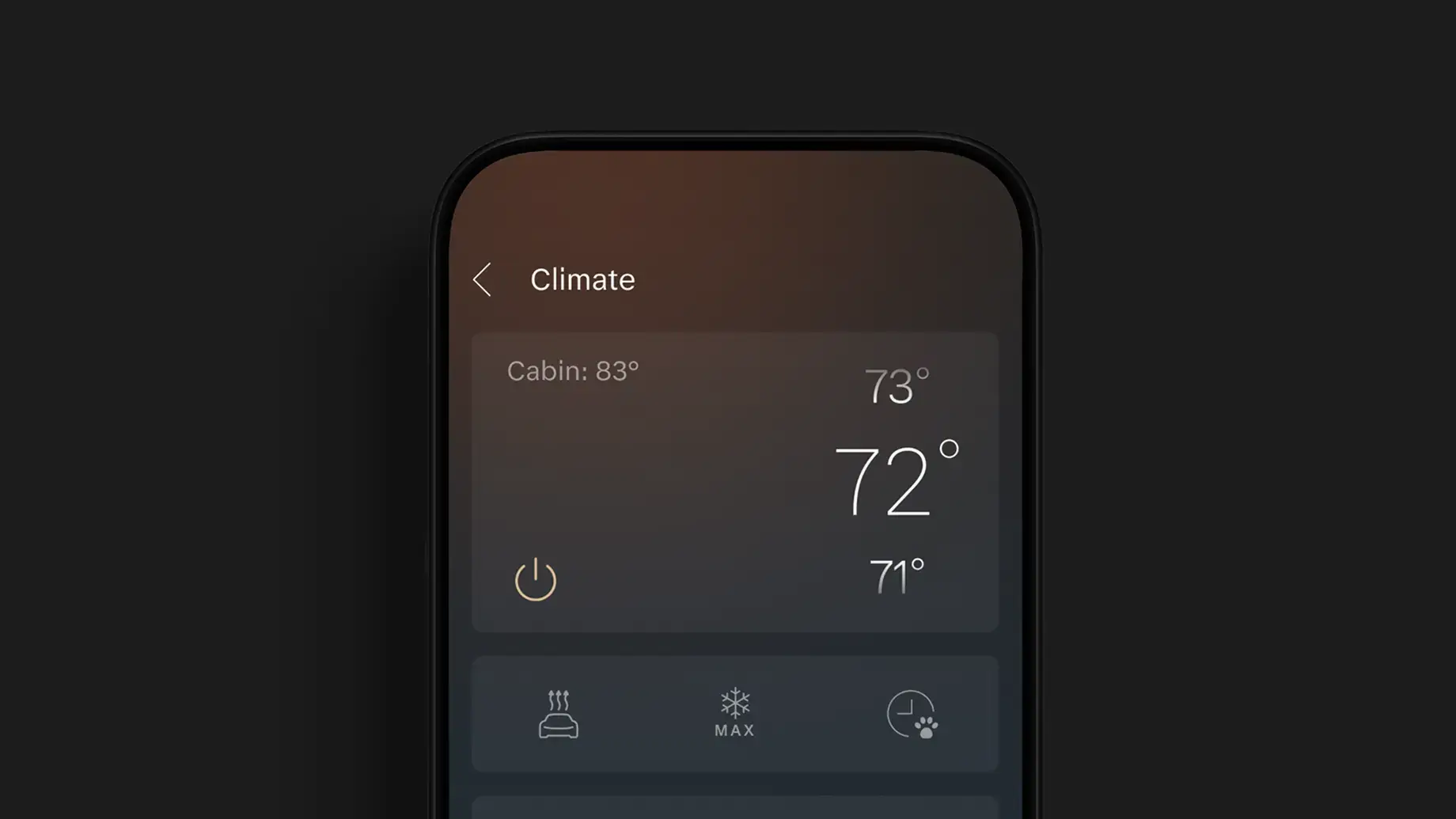 Smartphone displaying a dark-themed Climate control app showing cabin temperature at 83° with a set temperature of 72°.