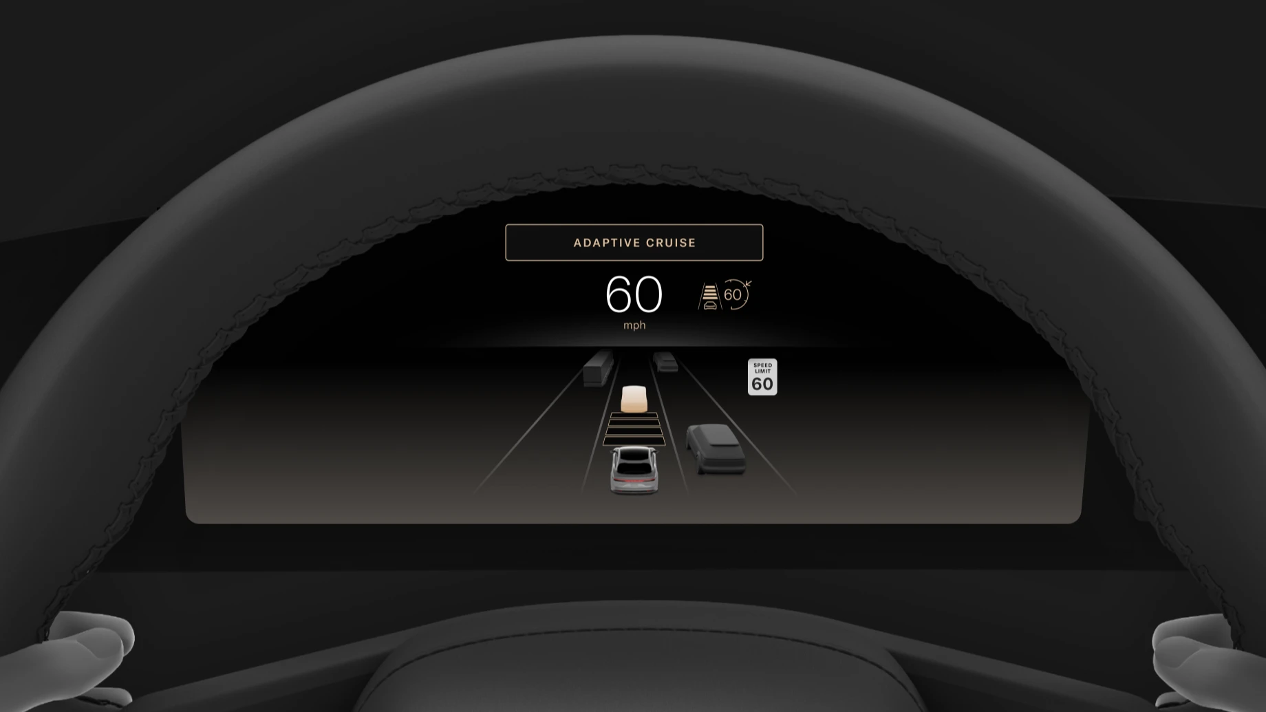 Car dashboard display showing adaptive cruise control set to 60 mph with digital highway visualization.
