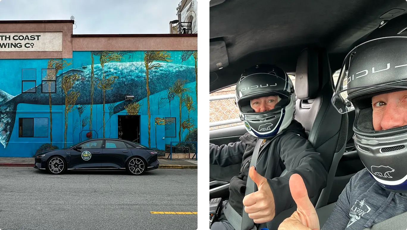 Two-panel image: a dark car parked by a whale mural building; two helmeted passengers giving thumbs up inside a car.