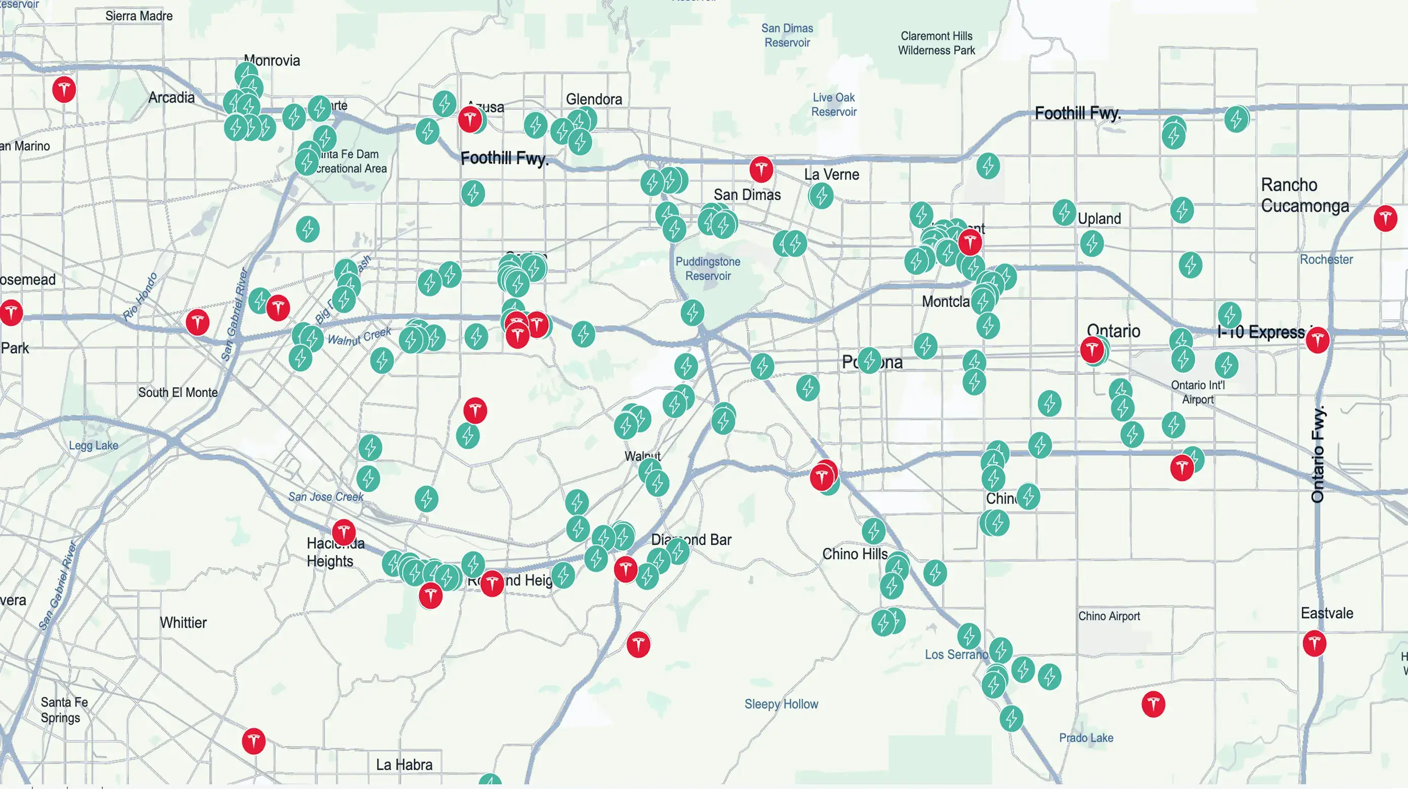 Charging locations map showing locations across Southern California cities including Glendora, La Verne, and Ontario, with red and teal markers along Foothill Fwy.