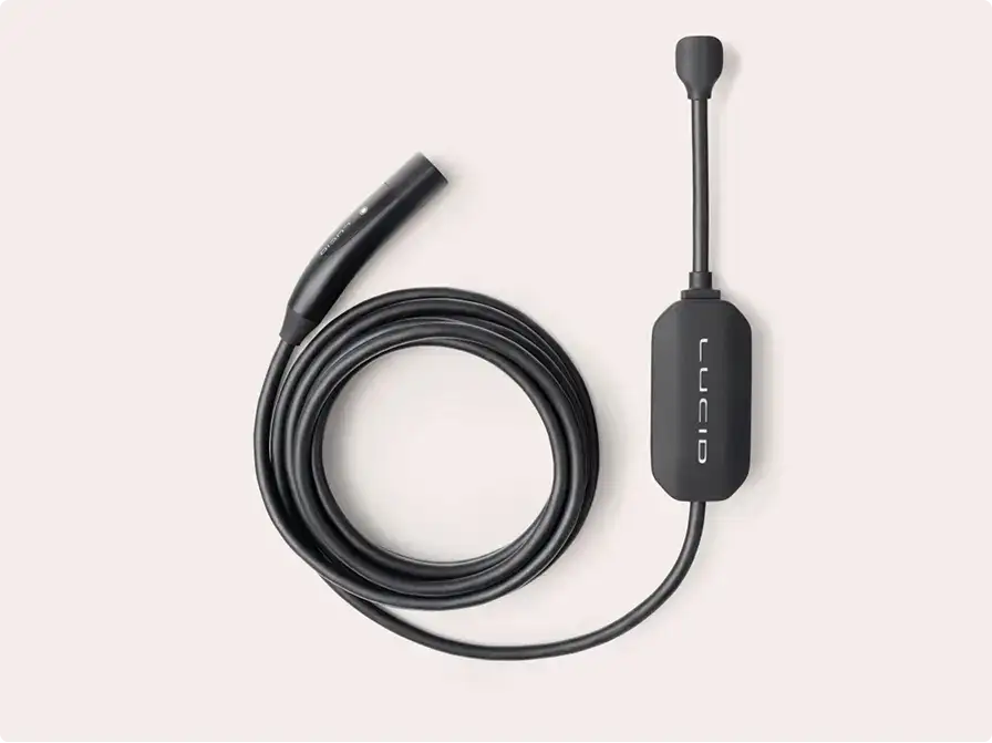 Black audio cable with inline control module and microphone attachment against white background.