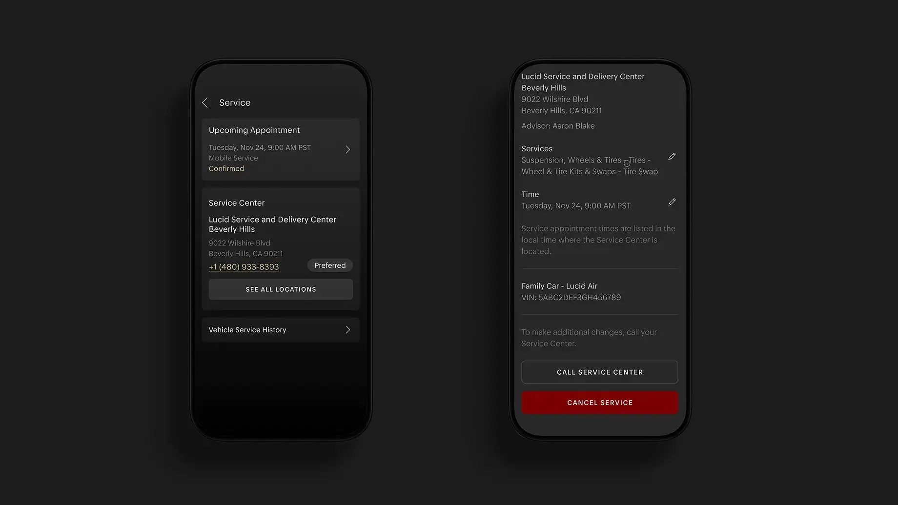 Two dark-themed mobile app screens showing a Lucid vehicle service appointment booking interface with location and scheduling details.