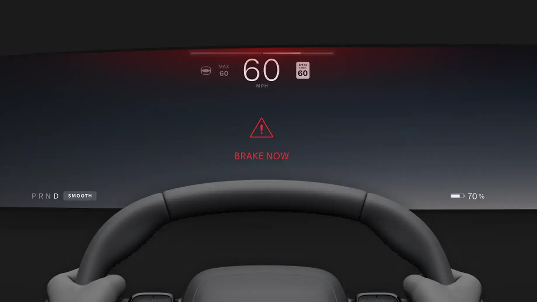 Car dashboard display showing 60 MPH speed, a red "BRAKE NOW" warning alert, and 70% battery, with a steering wheel visible.