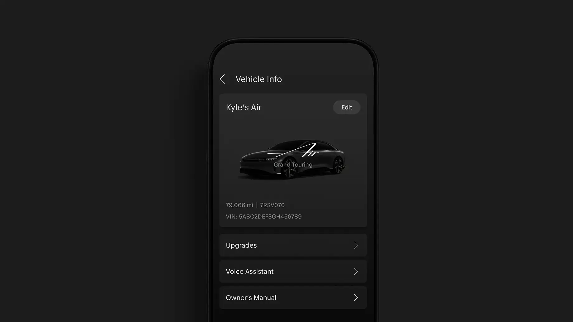 Smartphone displaying a dark-themed vehicle info app screen showing a Lucid Air Grand Touring with mileage, VIN, and menu options.