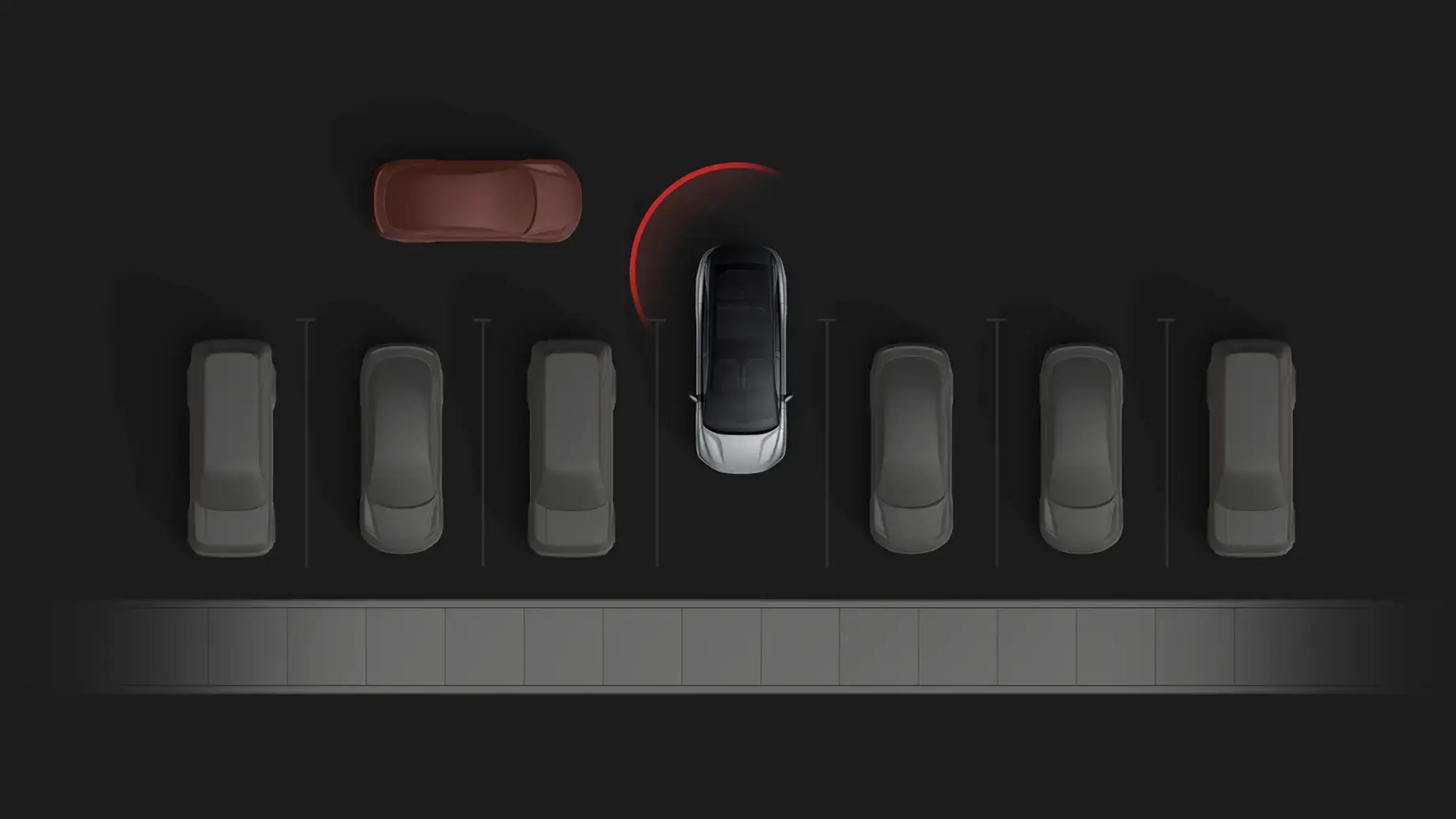 Aerial view of a car parking between vehicles, with a red sensor arc indicating proximity alert to a nearby red car.