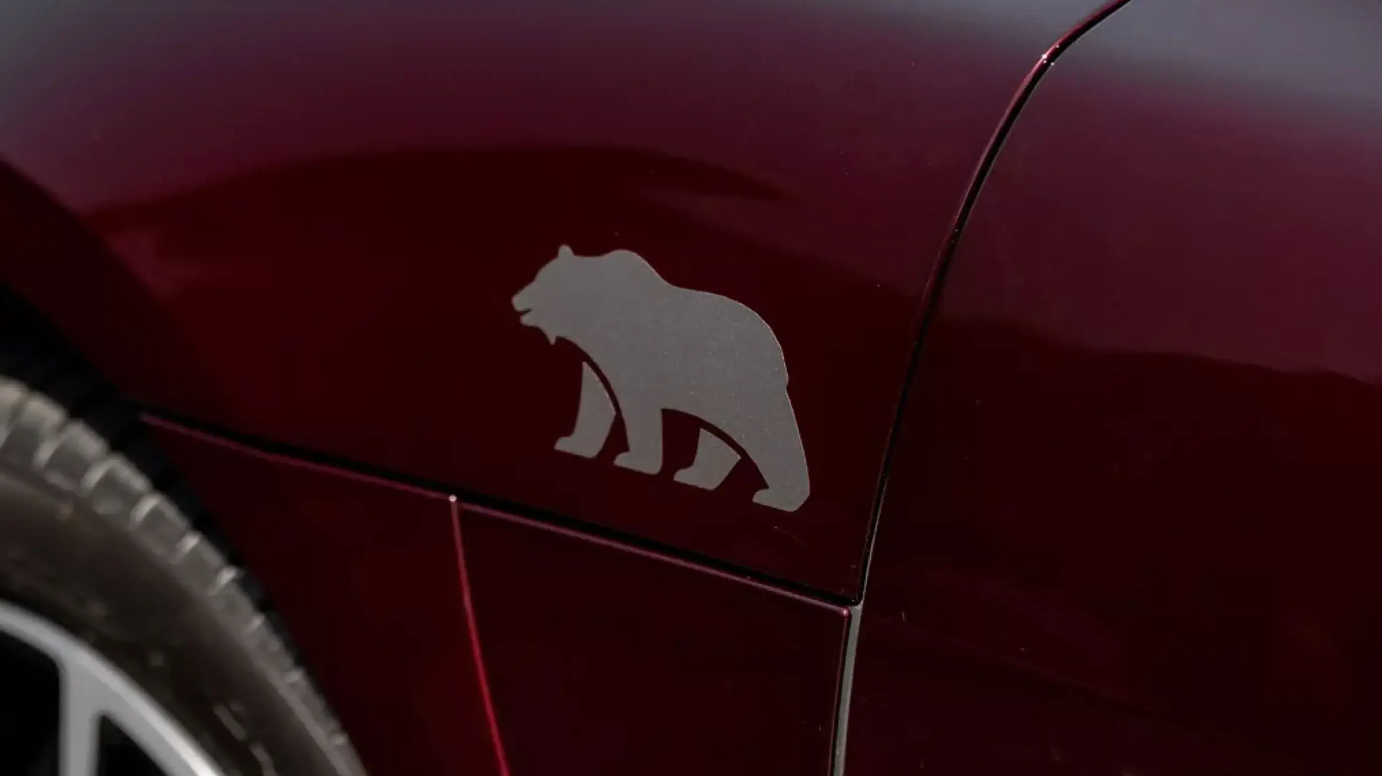 Close-up of a Lucid Air with a silver bear silhouette logo on its side panel, with a person partially visible.