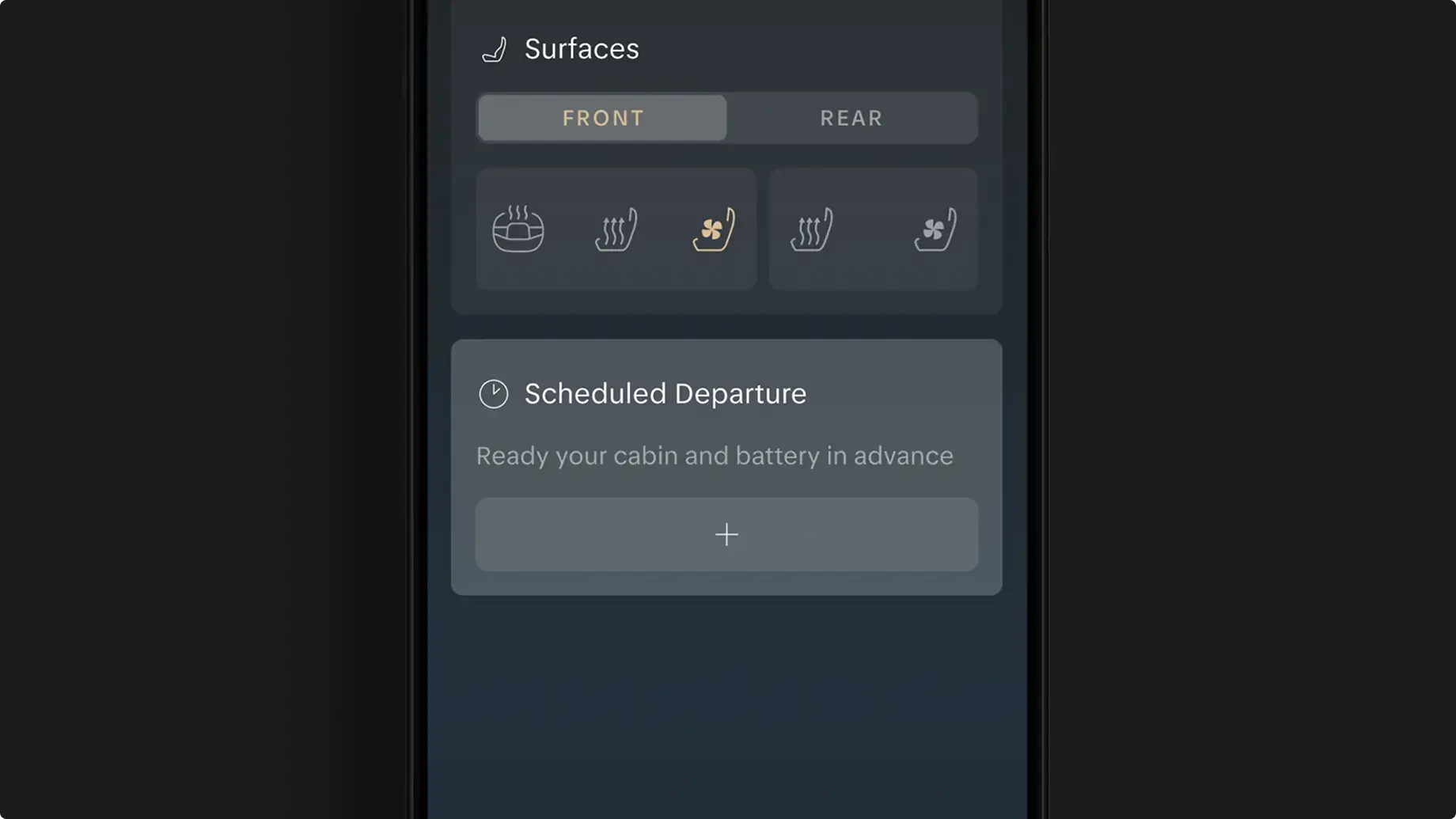 A dark-themed car climate control app screen showing 71°, surface heating options, and front/rear seat controls.