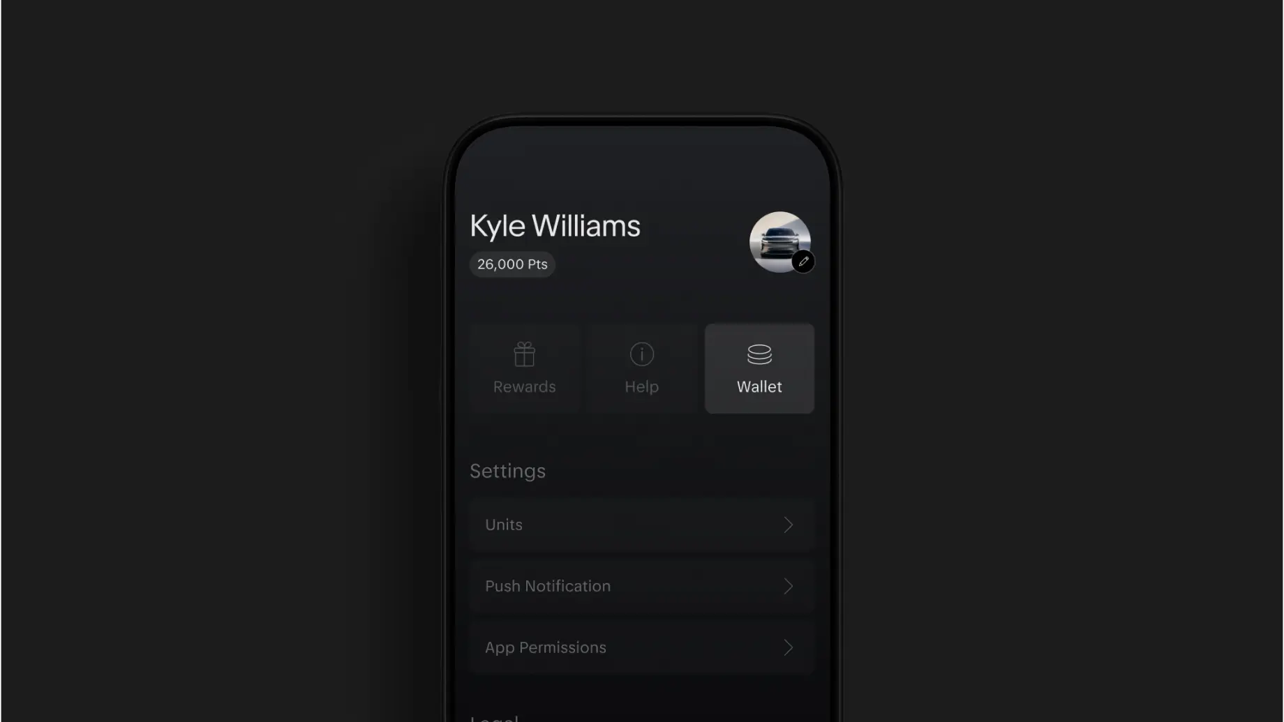 Dark mobile app interface showing a user profile with 26,000 points and navigation options for Rewards, Help, and Wallet.