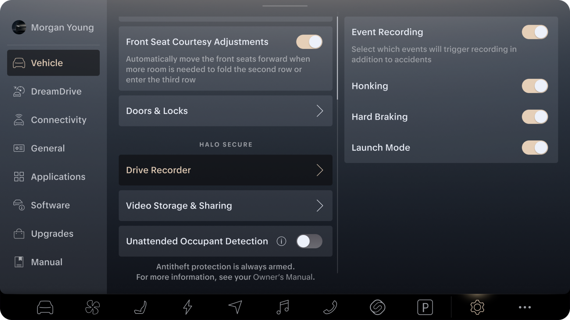 Vehicle settings interface showing seat adjustments, security features, and event recording options in a dark mode display.