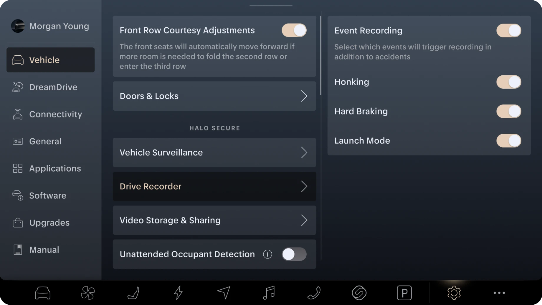 Vehicle settings interface showing seat adjustments, security features, and event recording options in a dark mode display.
