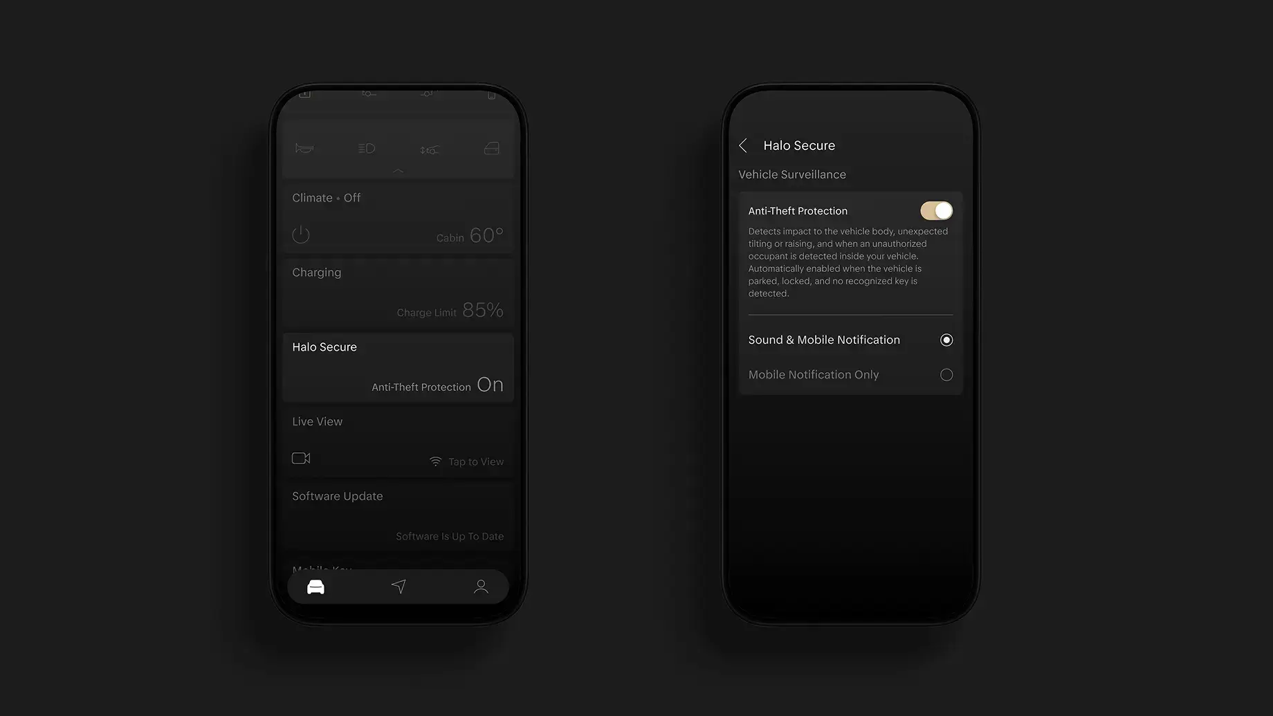 Two dark-themed smartphone screens showing a vehicle app with Halo Secure anti-theft protection settings and notifications.