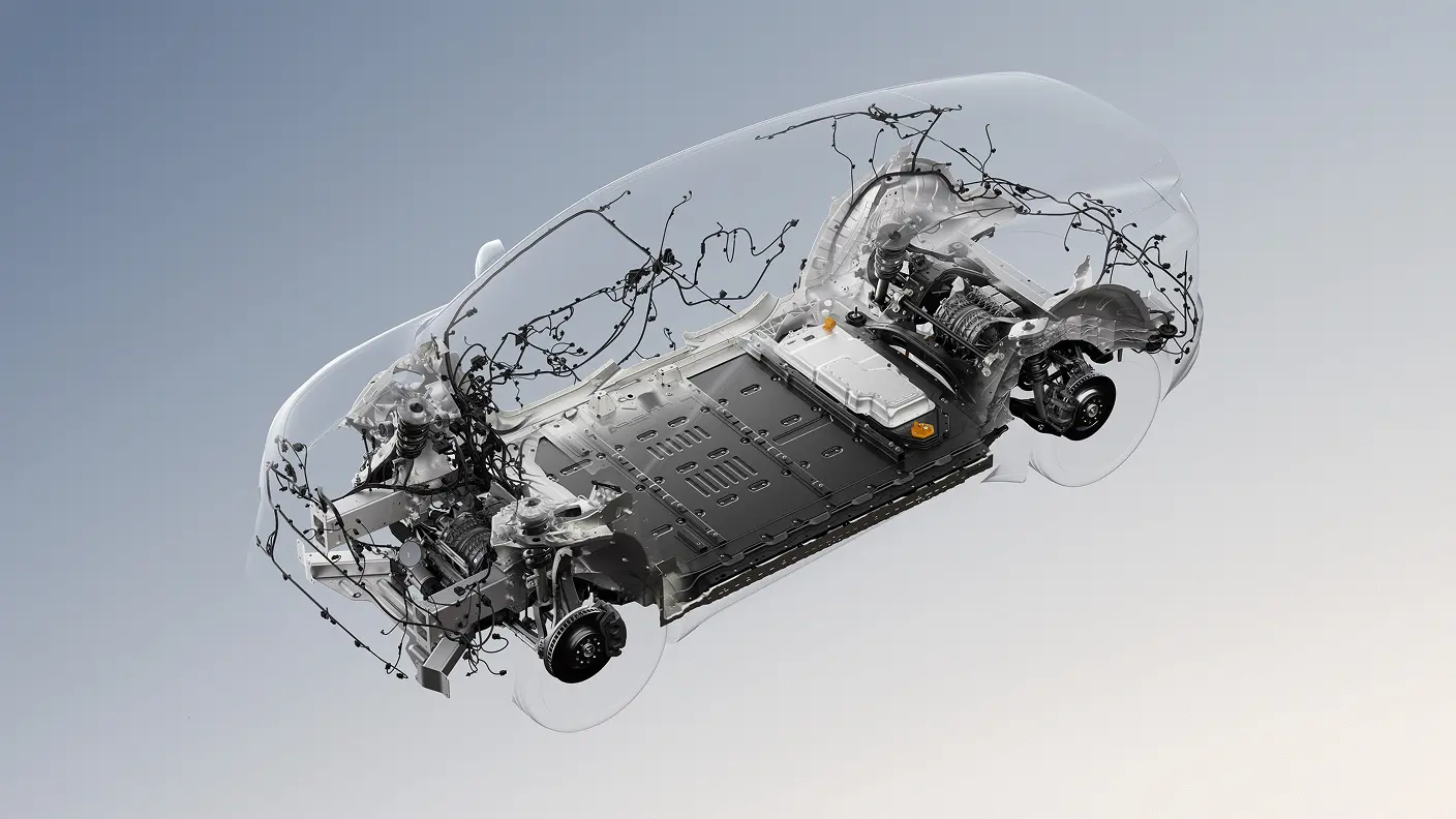 Transparent view of electric vehicle chassis showing battery pack, motors, and wiring against light gray background.