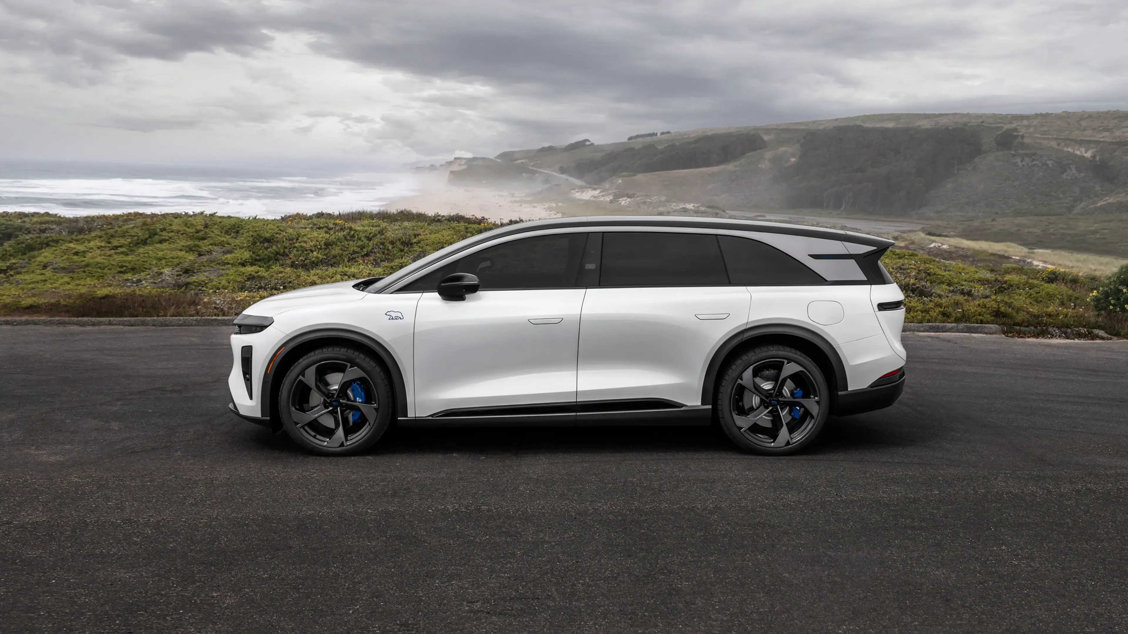White electric SUV with black roof and blue brake calipers parked on a coastal overlook with cliffs and ocean in background.