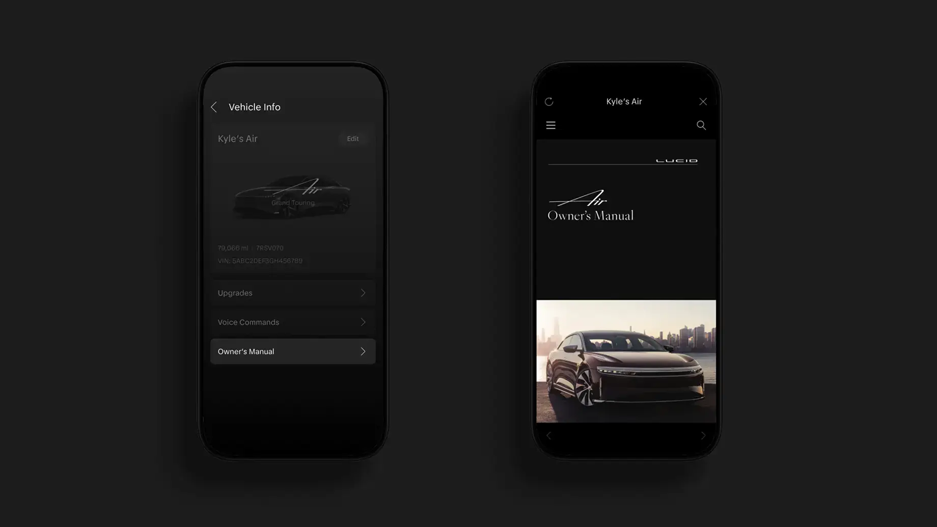 Two dark-themed smartphones displaying the Lucid Air mobile app, showing Vehicle Info and Owner's Manual screens.