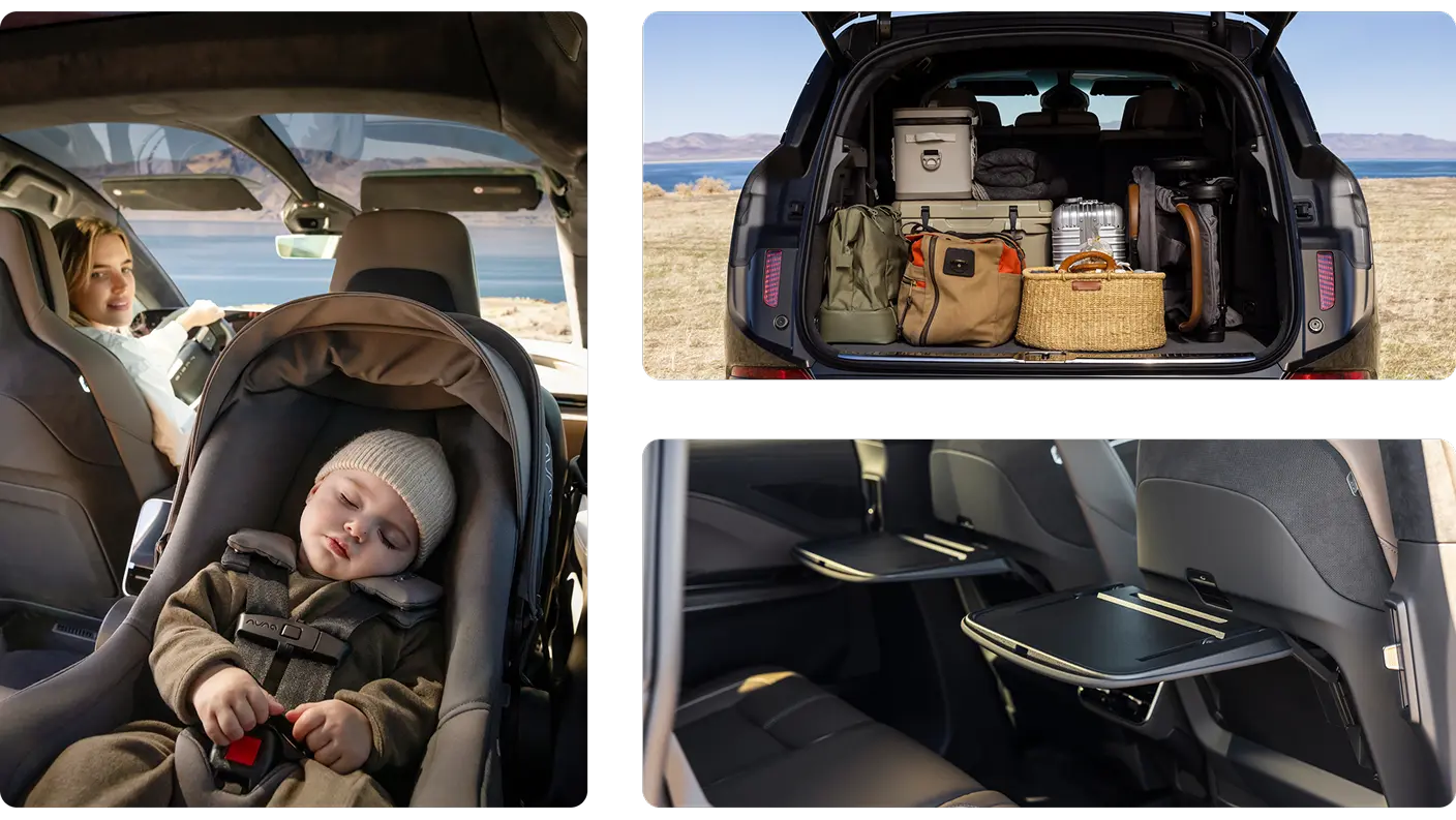 Collage showing family road trip features: car interior with baby in car seat, SUV trunk packed with luggage, and fold-down trays.