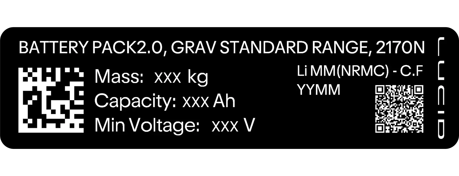 Black battery pack label for GRAV Standard Range 2170N showing mass, capacity, voltage specifications and QR codes.