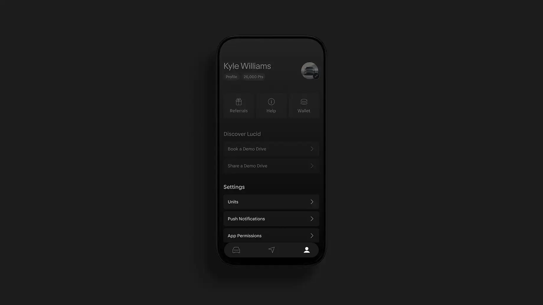Dark-themed mobile app profile screen for Kyle Williams showing 26,000 points, menu options, and settings.