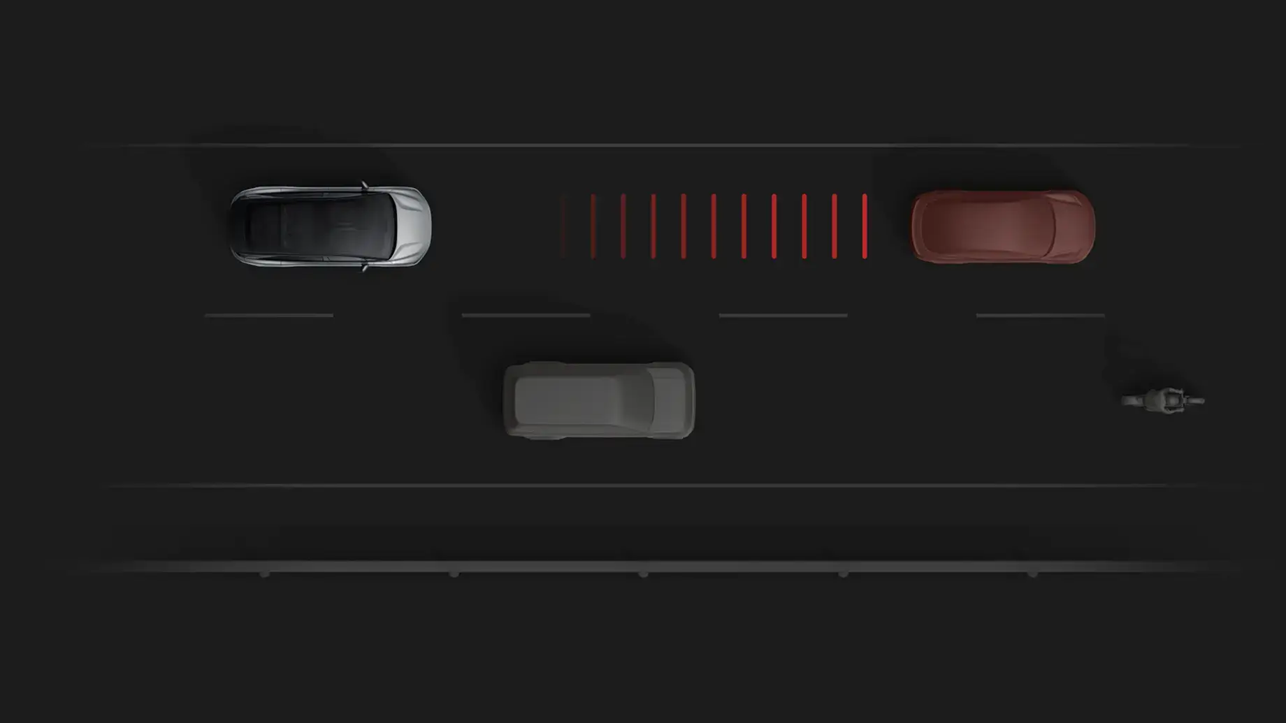 Overhead diagram showing collision warning system with red alert lines between a silver and red car on a dark road.