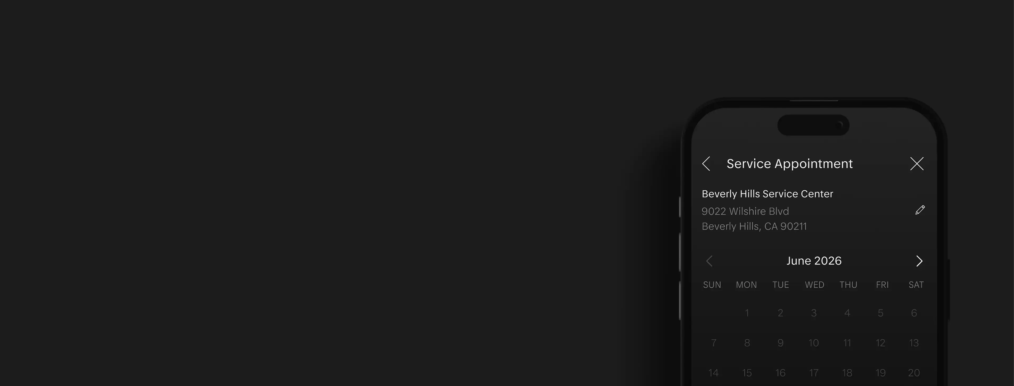 Smartphone displaying a dark-themed Service Appointment scheduling app with a June 2026 calendar and Beverly Hills Service Center address.