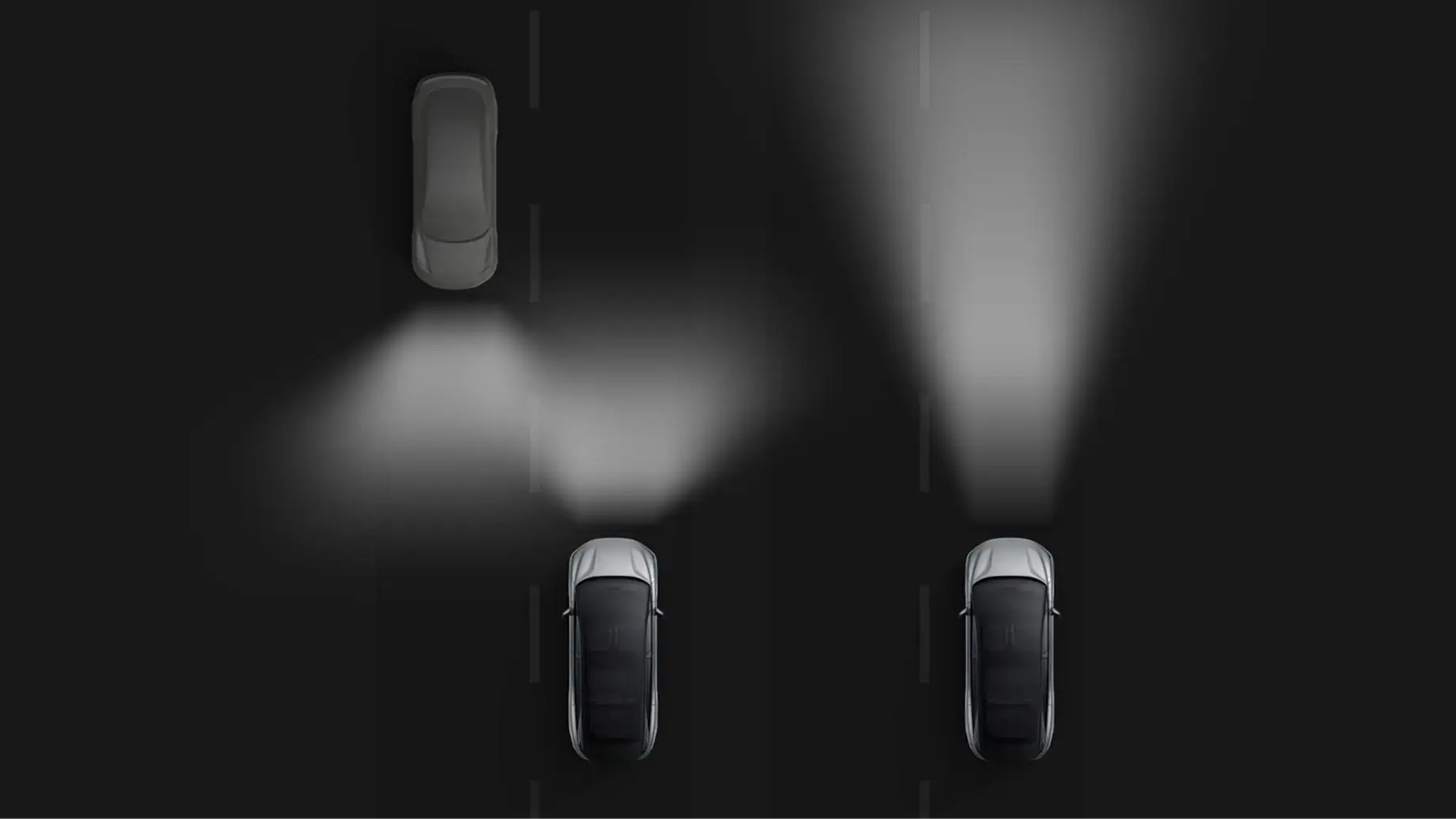 Overhead view of three cars on a dark road, showing headlight beam patterns illuminating the night.
