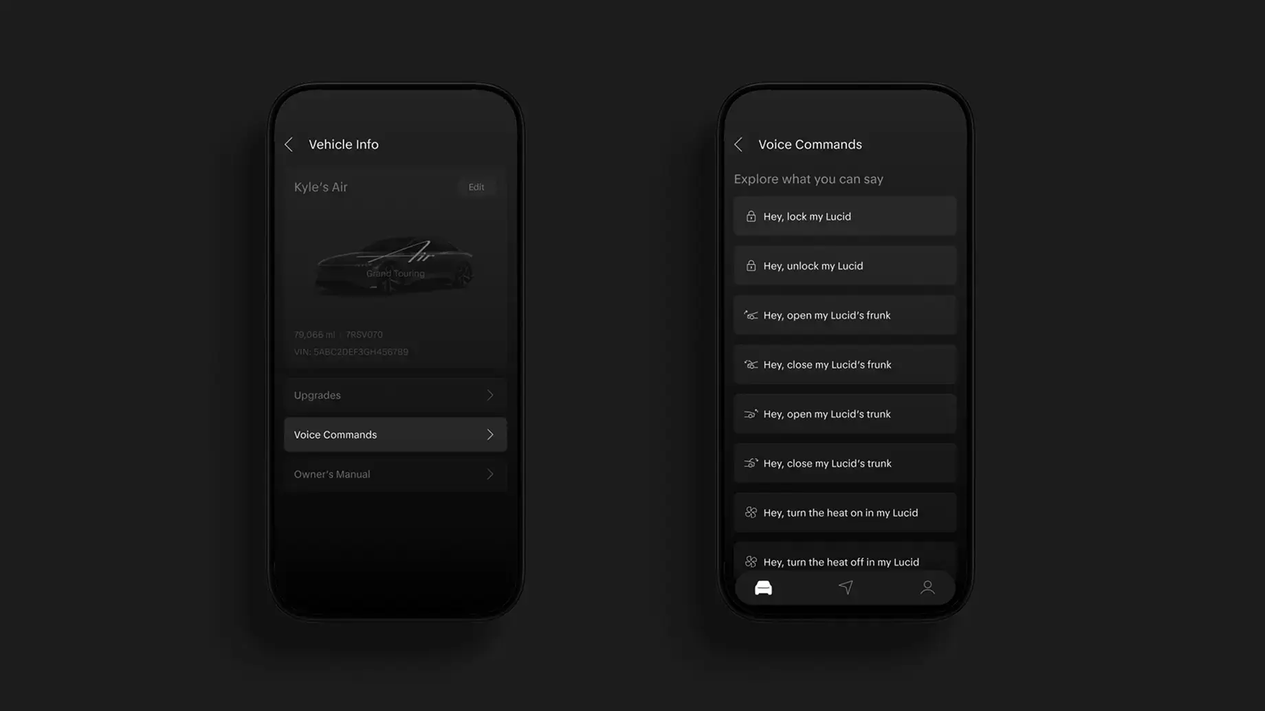 Two dark-themed mobile app screens showing Lucid vehicle info and voice commands like lock, unlock, and trunk controls.