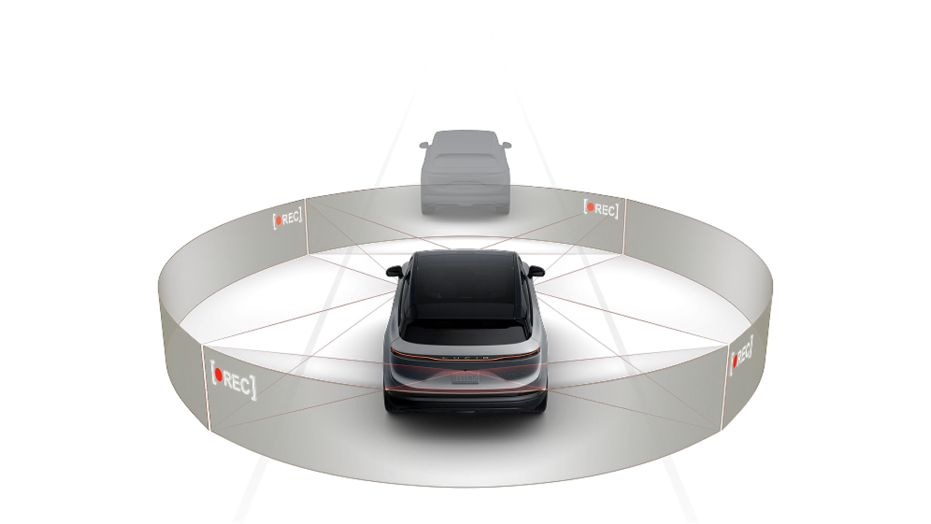 Image of Lucid Gravity with 360-degree recording capability shown with circular surveillance zone and "REC" indicators.