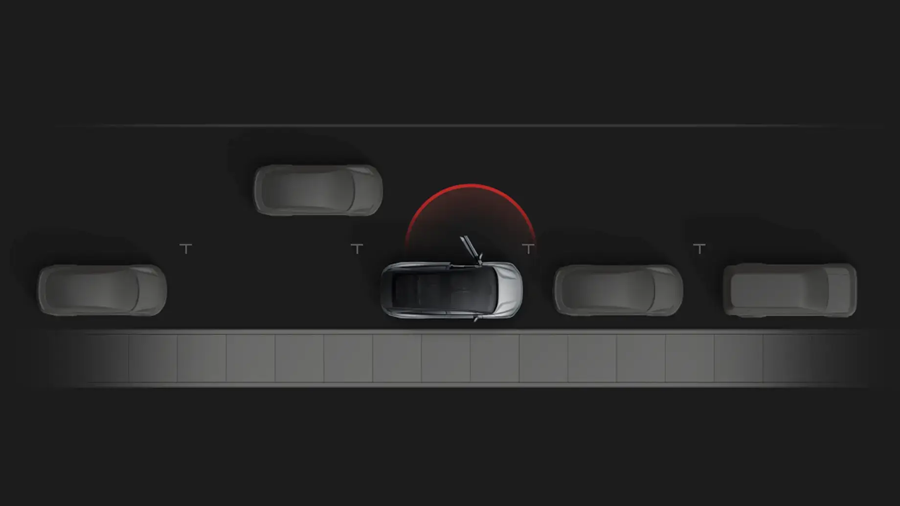 Top-down diagram of a dark car on a road with a red semicircle sensor alert at the front, surrounded by gray vehicles.
