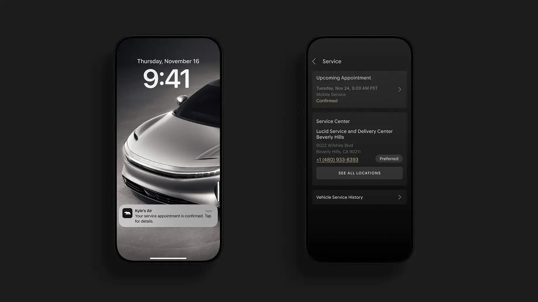 Two dark-themed phone screens showing a Lucid Air app: a lock screen with a car and service notification, and a service appointment details screen.