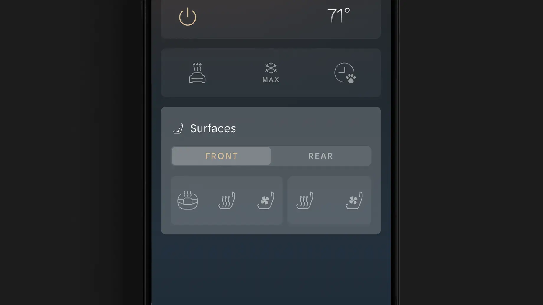Dark-themed car climate control app showing 72°F temperature, MAX cooling, seat heating icons, and front/rear surfaces toggle.