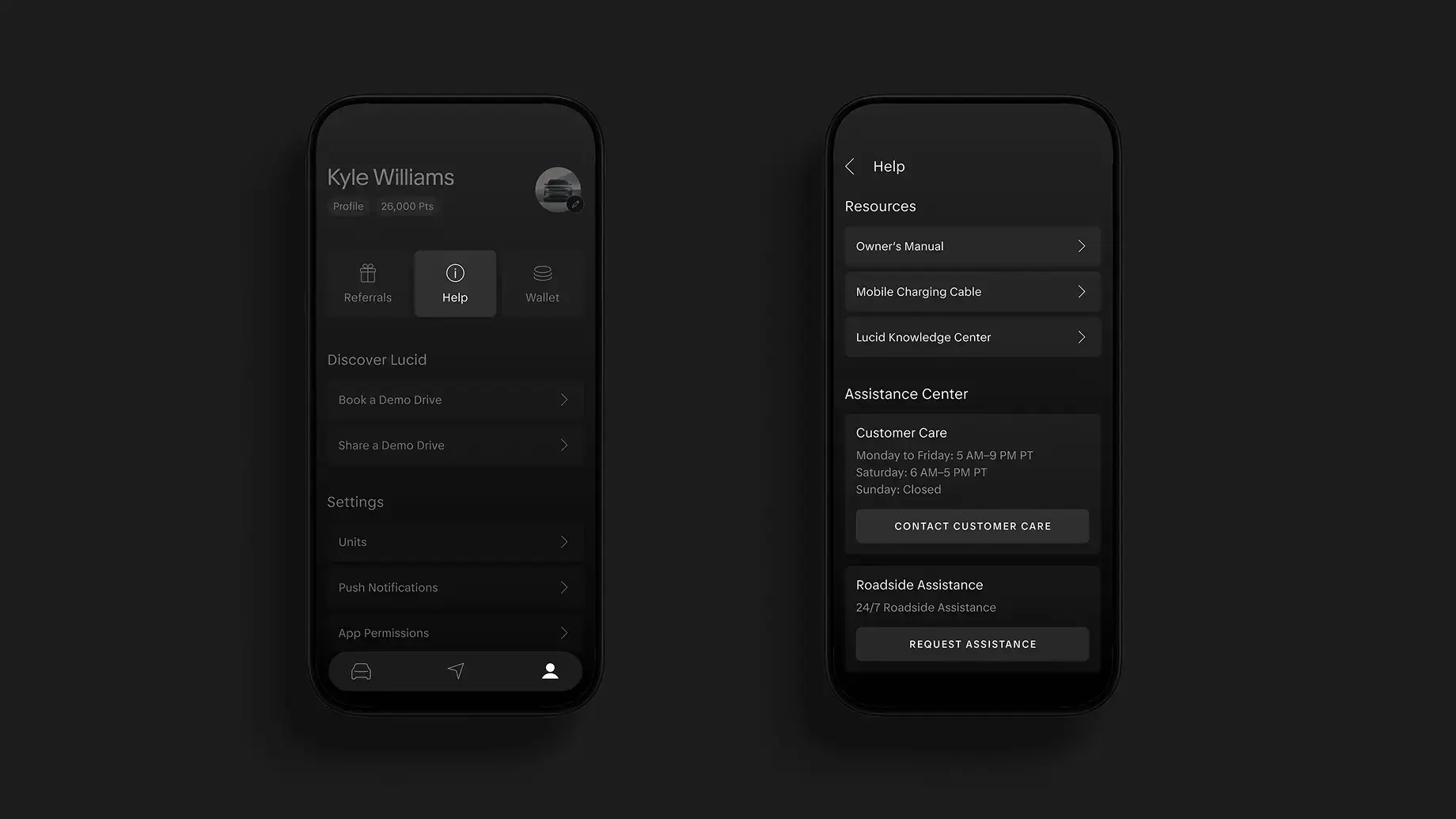 Two dark-themed mobile app screens showing a user profile with Help menu and a Help resources page with customer care options.