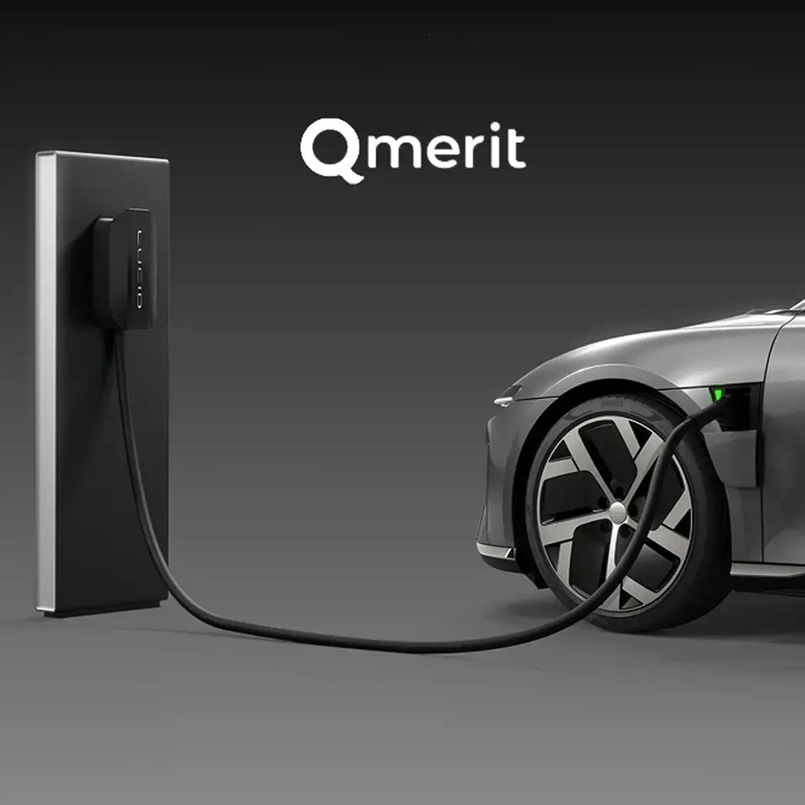 Electric vehicle charging station with Qmerit logo, showing a sleek charging unit connected to a Lucid Air.