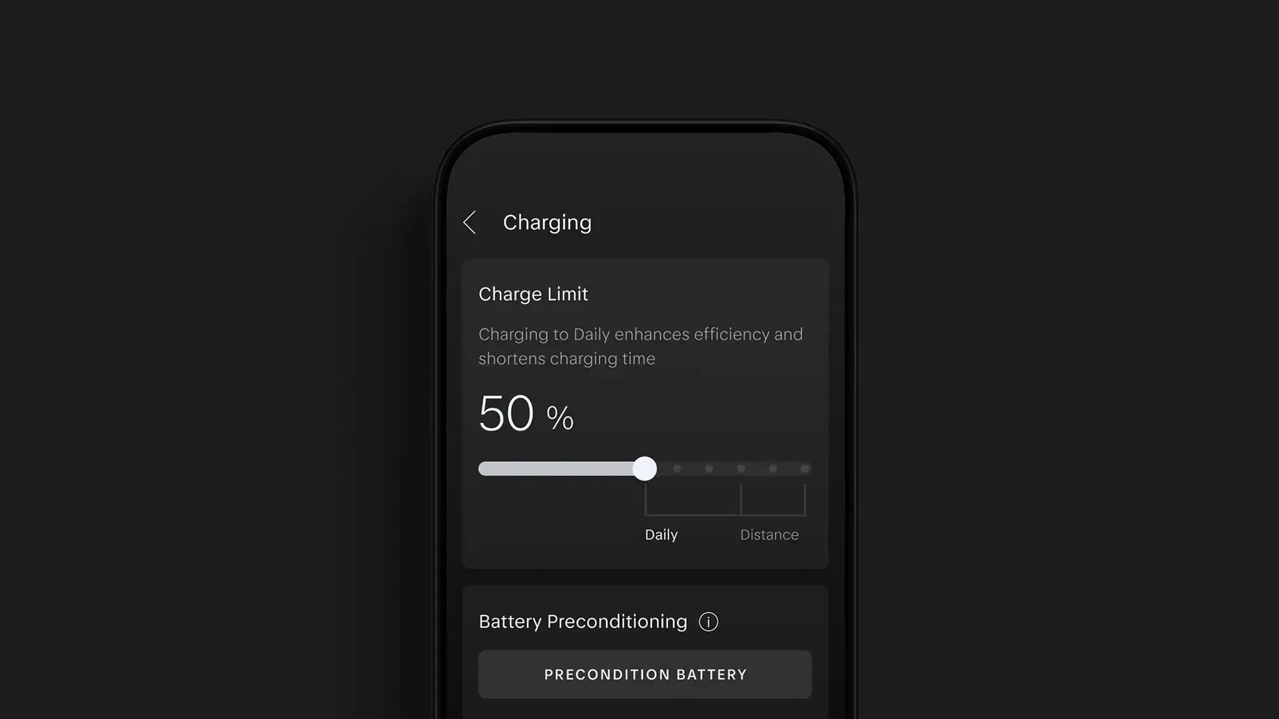 A dark-themed mobile app screen showing EV charging settings with a 50% charge limit slider and battery preconditioning option.