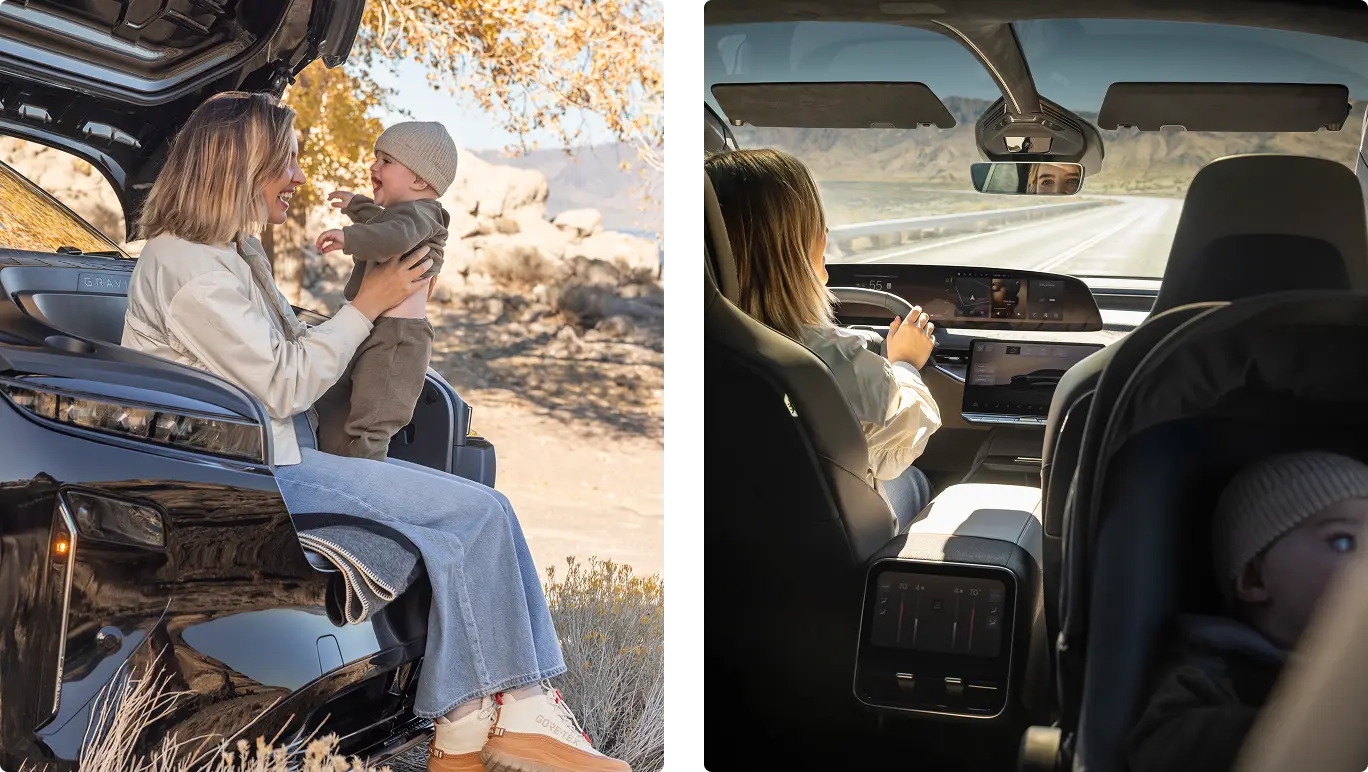 Split image: Left shows parent with child at car trunk in desert landscape; right shows driver operating modern vehicle dashboard.