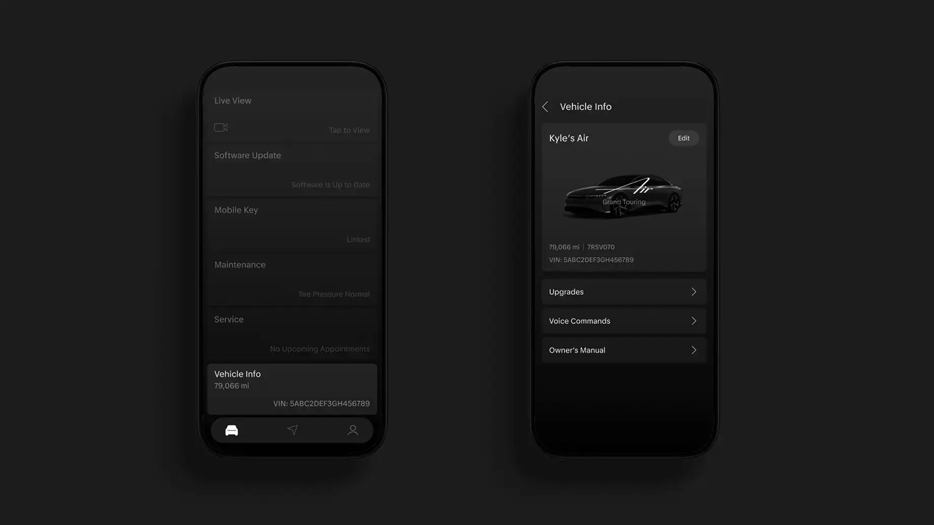 Two dark-themed smartphone screens displaying a vehicle management app with car info, mileage, VIN, and menu options.
