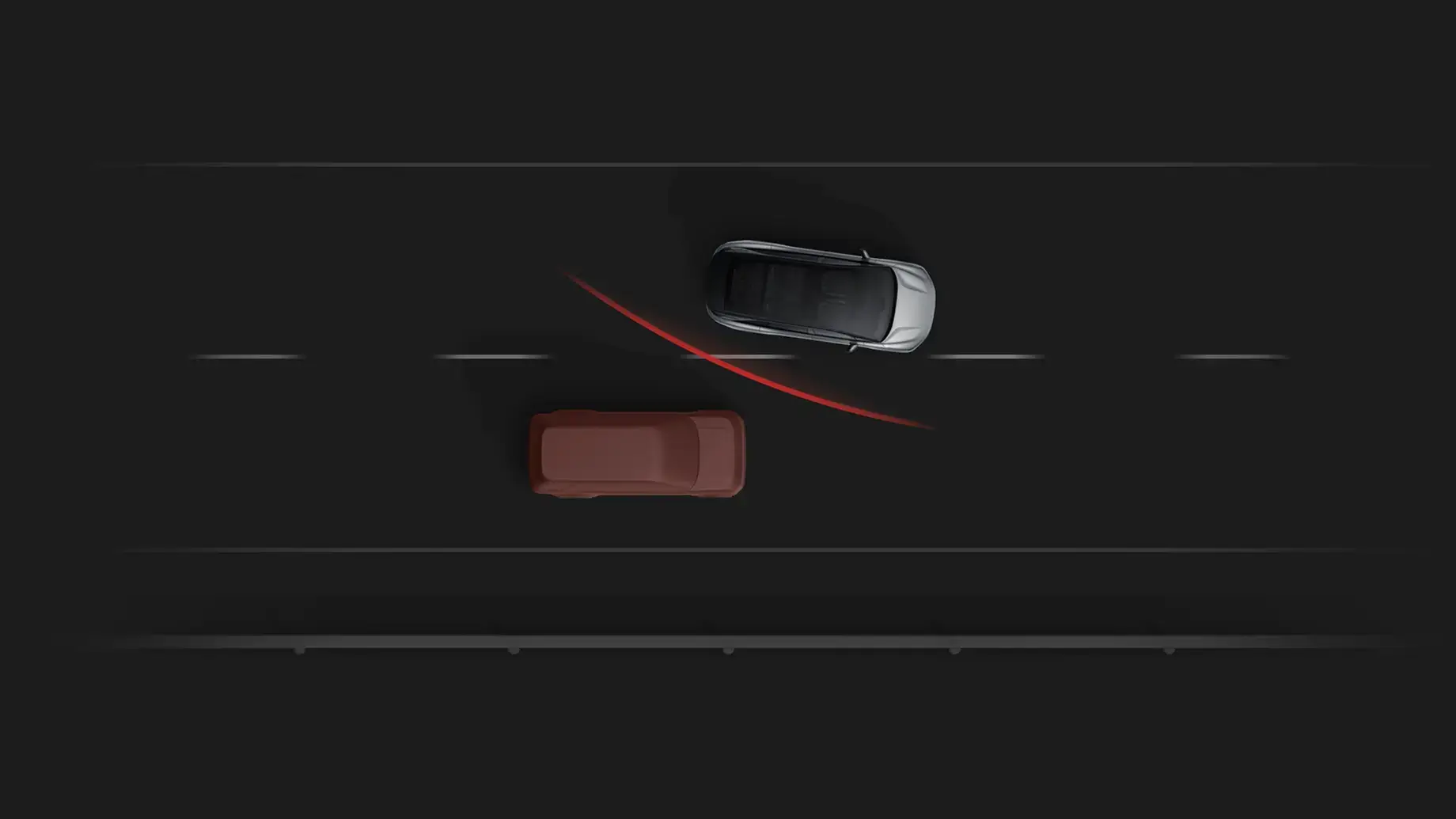 Aerial view diagram of a silver car changing lanes to avoid a red car, with red lines indicating the evasive path.
