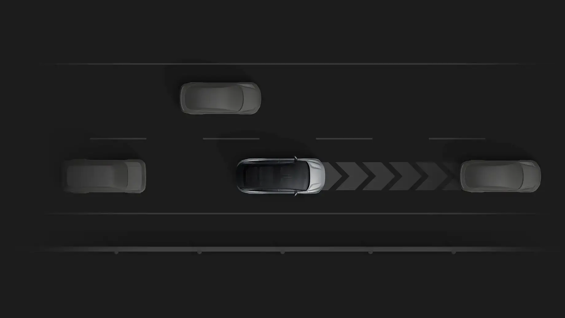 Aerial view of a silver car on a dark road surrounded by three other vehicles, with chevron arrows indicating safe following distance.
