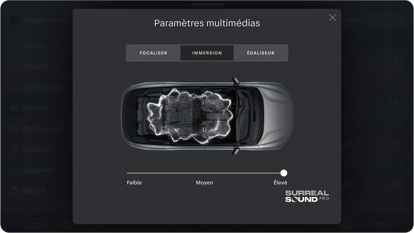 Interface des paramètres multimédias montrant le mode immersion, avec une vue du véhicule en plongée et une visualisation sonore lumineuse.