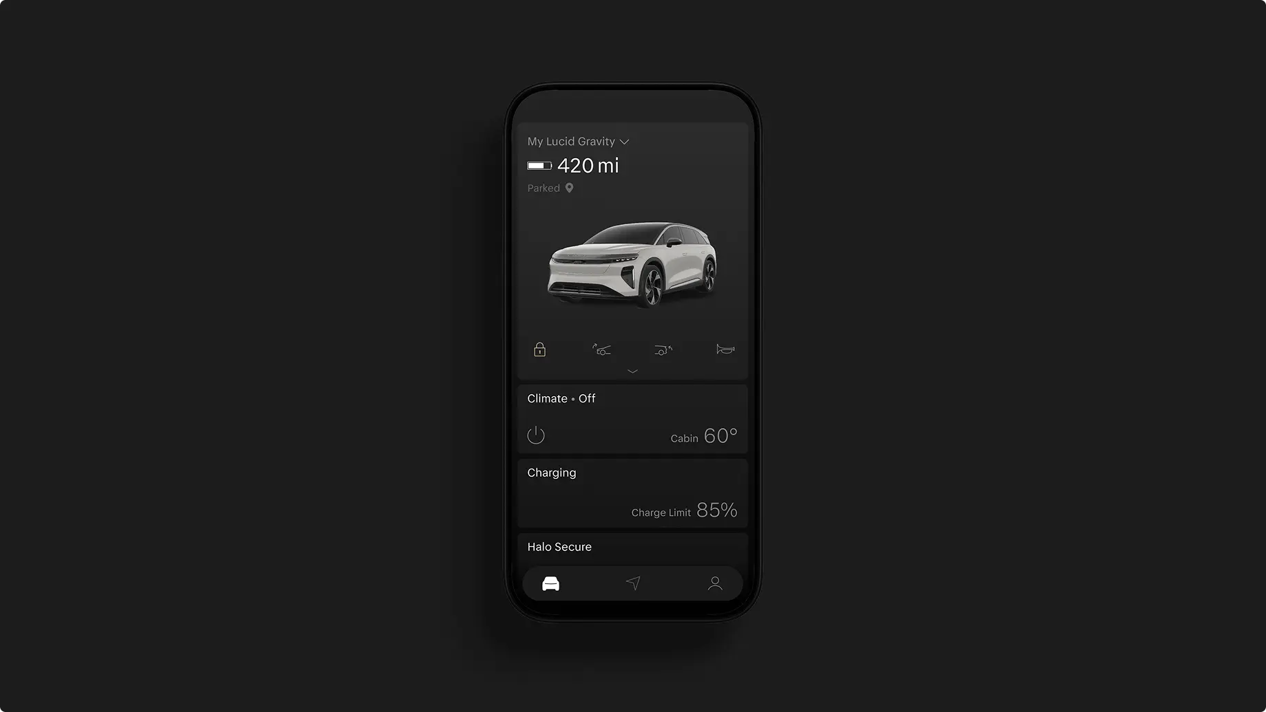 Lucid app on a dark-themed smartphone showing a white Lucid Gravity SUV with 420-mile range and vehicle controls.