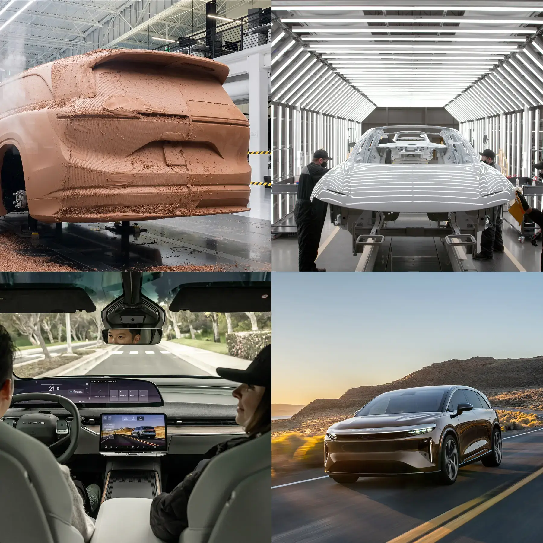 Four-panel image showing car manufacturing process: clay model, metal frame assembly, high-tech interior, and finished vehicle on road.