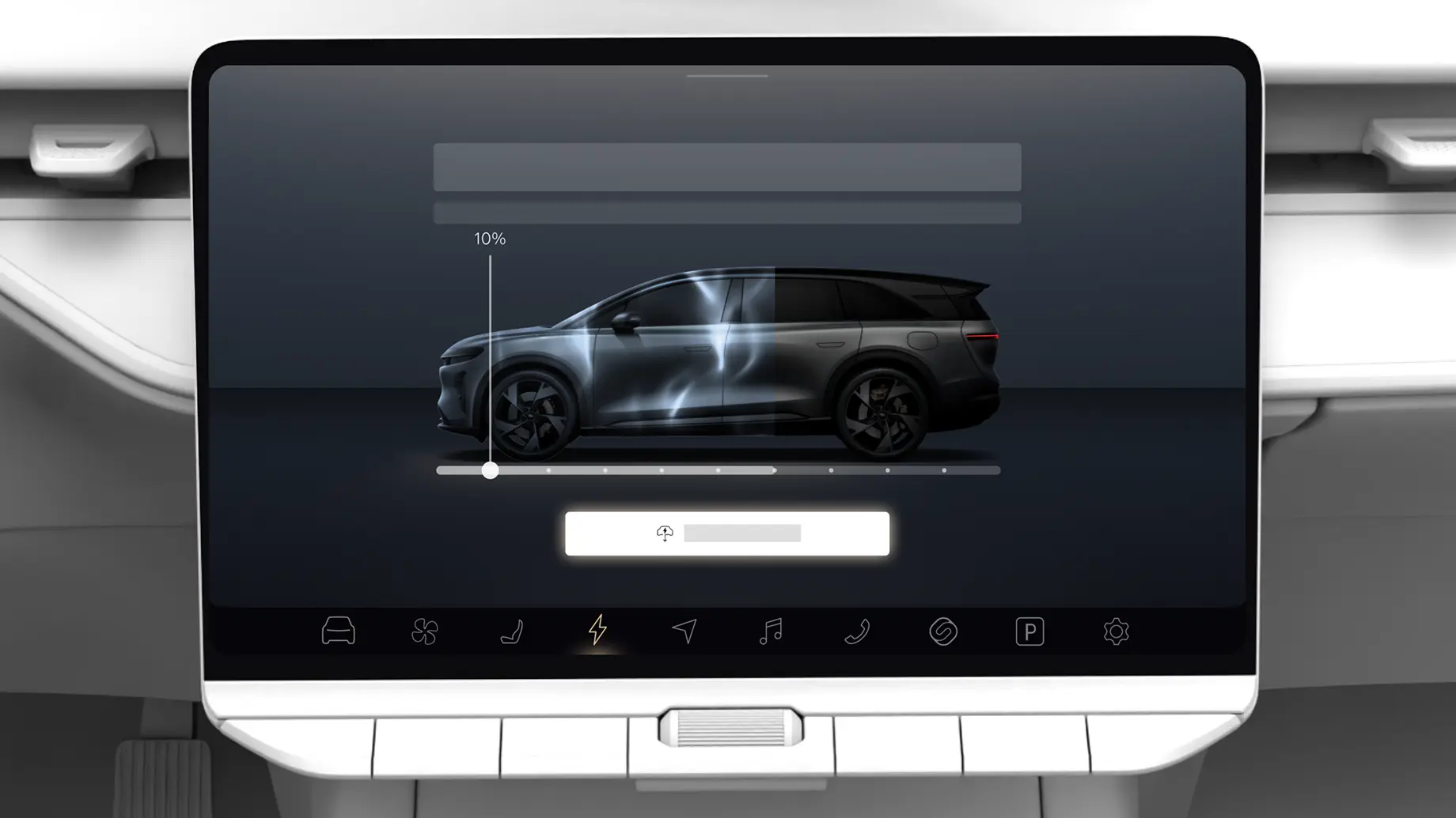 Vehicle dashboard display showing a sleek electric SUV with loading progress at 10% on a dark interface with navigation icons.