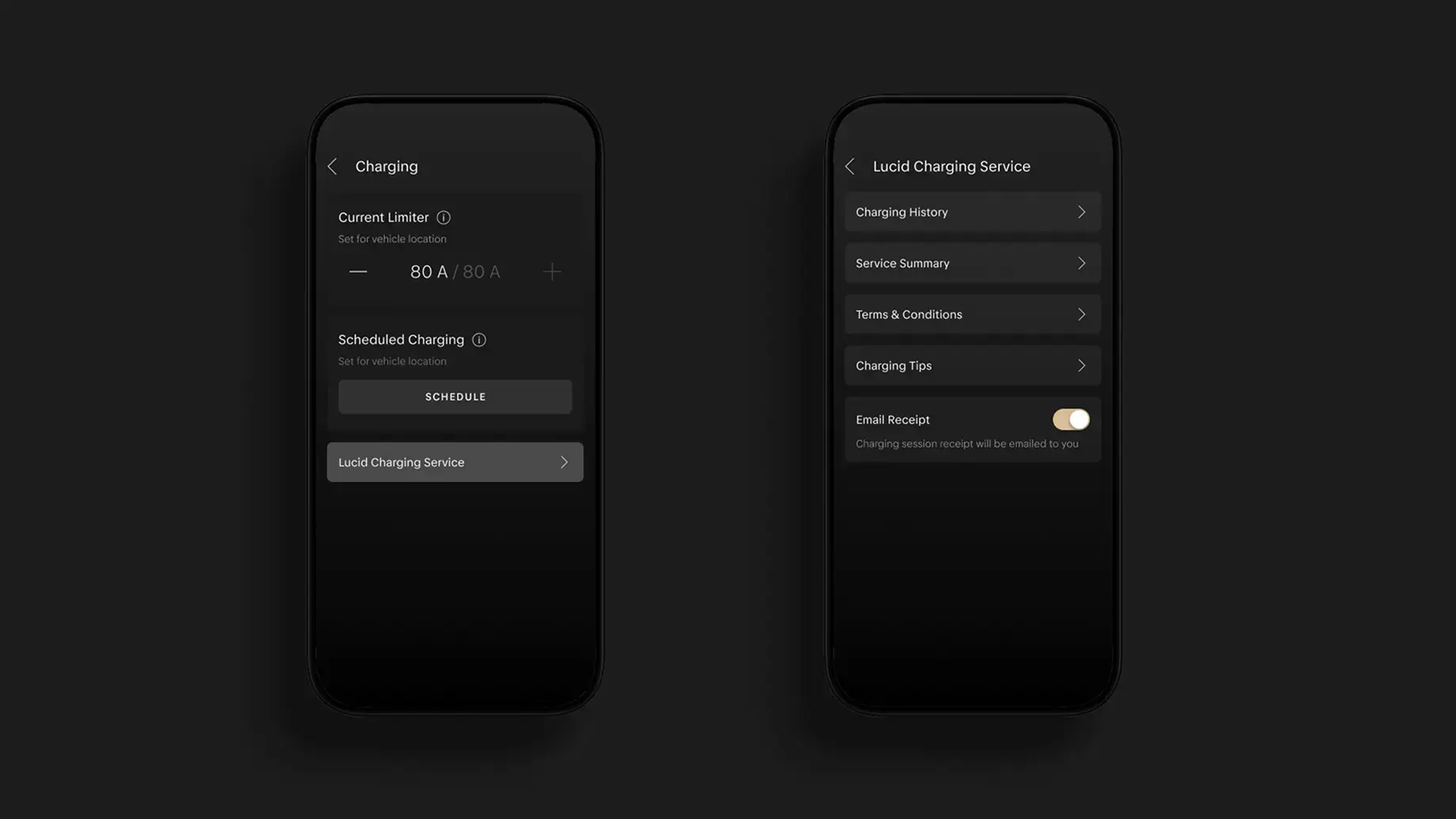 Two dark-themed mobile app screens showing Lucid EV charging settings, including current limiter, scheduled charging, and service options.
